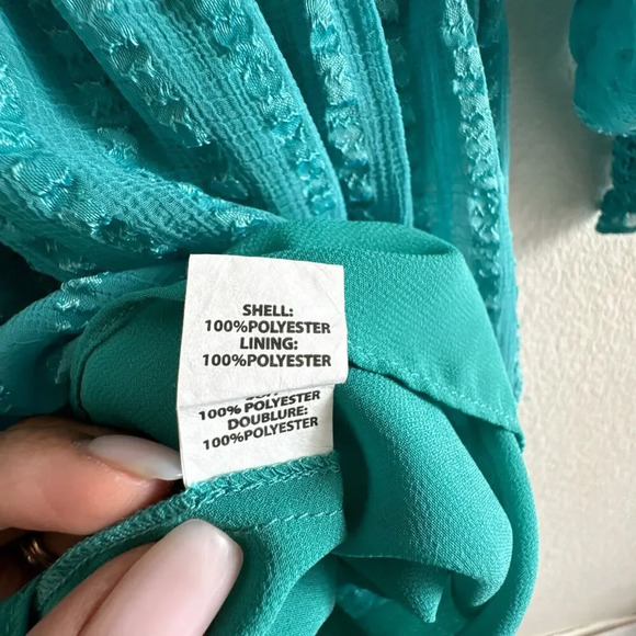 Ramy Brook Textured Mini Smocked Drop Waist Long Sleeve V-neck Dress Teal Size M - Picture 6 of 11